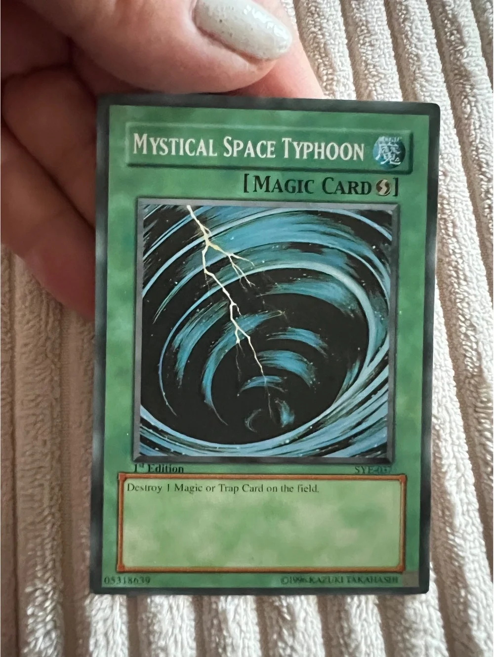 Vintage mystical space typhoon, first edition ultra rare SYE-037 Yu-Gi-Oh card